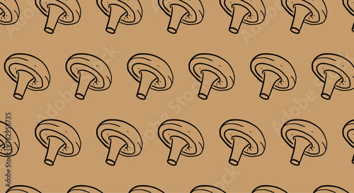 Shiitake mushroom seamless pattern on brown  background. Hand drawn illustration. Edible mushrooms wallpaper.