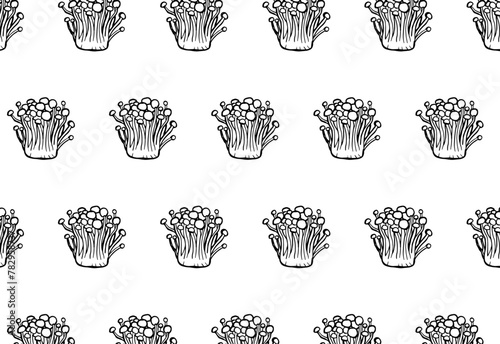 Seamless pattern of hand drawn enoki mushroom on white background. Edible mushrooms wallpaper. 