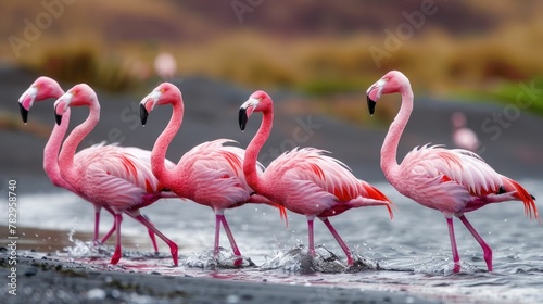 Flock of Vibrant Pink Flamingos Wading Through Shallow Waters in Picturesque Tropical Wetlands