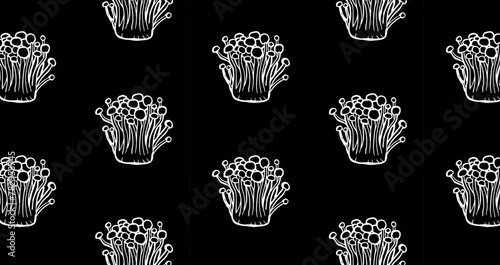 Seamless pattern of hand drawn enoki mushroom on black background. Edible mushrooms wallpaper. 