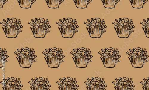 Seamless pattern of hand drawn enoki mushroom on brown background. Edible mushrooms wallpaper. 