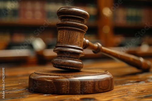 A wooden judge's gavel with a blurred courtroom background, defining the concept of law