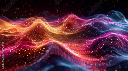 Gradient hologram dynamic wave of particles on a digital technology background.