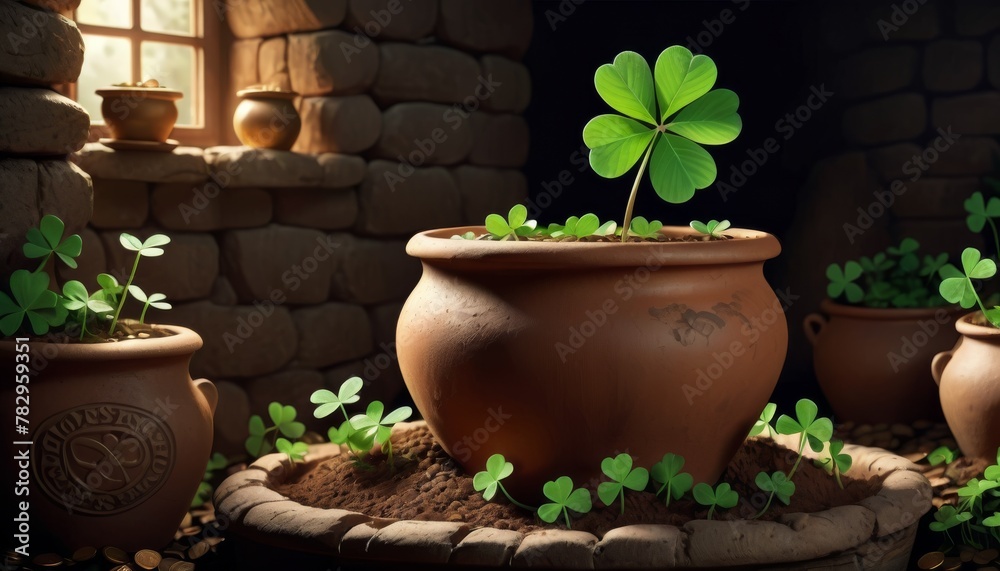 Lush green shamrocks sprout from a classic terracotta pot, situated in a rustic kitchen with vintage charm and golden coins scattered.. AI Generation Lush green shamrocks sprout from a classic terracotta pot, situated in a rustic kitchen with vintage charm and golden coins scattered.. AI Generation