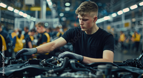 A young man is working on the engine of an SUV in front of him, he has short hair and wears black tshirt with grey gloves photo