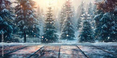 A wooden deck covered in snow, with trees in the background. Suitable for winter themes
