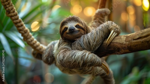 Sloth Hanging Lazily from Tree Branch in Lush Natural Environment