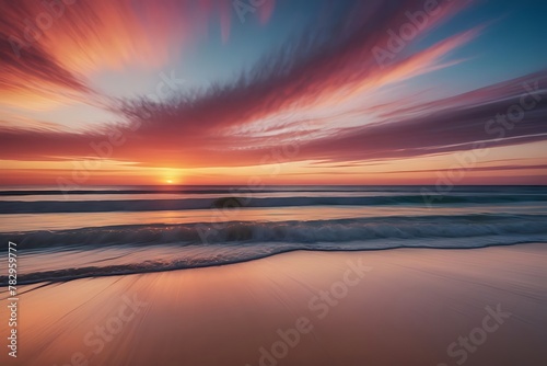 A tranquil sunset paints the sky in oranges, pinks and purples as the sun sets over the calm ocean. © unairakstudio