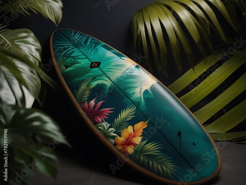A green surfboard sits on a surfboard rack with a lively design of palm leaves.