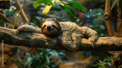 Sloth Hanging Lazily from Lush Forest Branch Epitomizing Tranquility in Nature