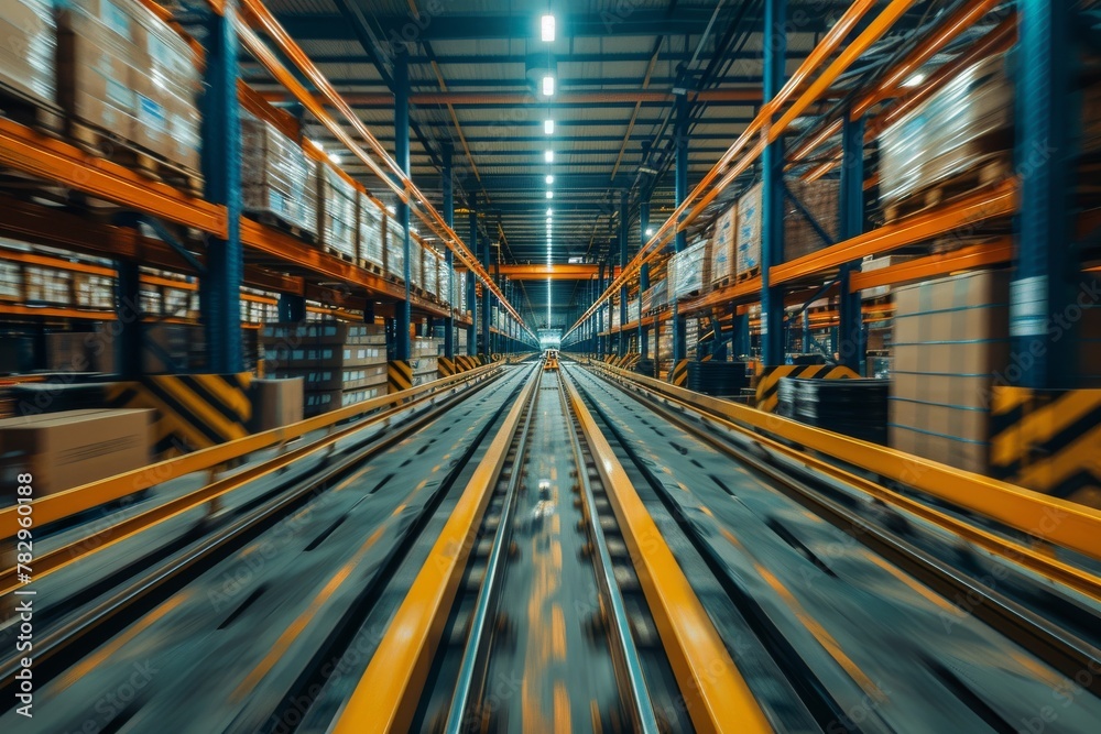 A vibrant, long-exposure shot of goods in motion along conveyors in a large, modern warehouse