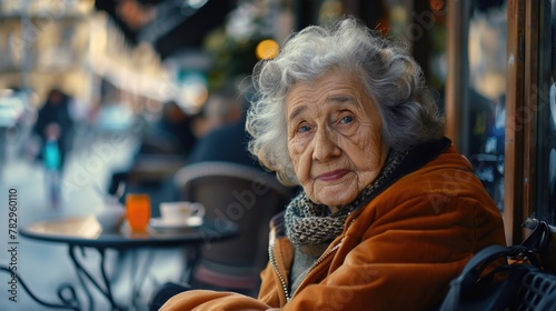 An elderly woman seated at a table outside  suitable for lifestyle and retirement concepts
