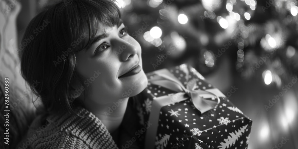 Woman holding a Christmas present in front of a Christmas tree. Suitable for holiday concepts Woman holding a Christmas present in front of a Christmas tree. Suitable for holiday concepts