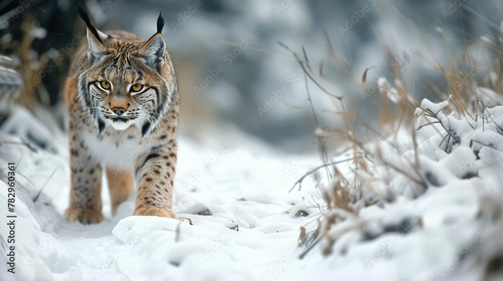 Fototapeta premium Lynx Silently Stalking Through Snowy Wilderness Watchful Predator on the Hunt