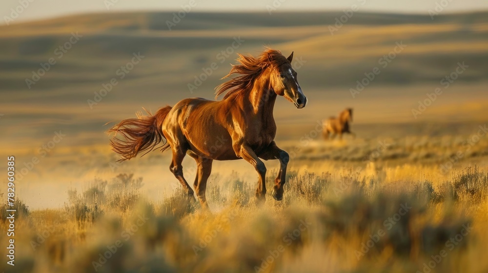 Majestic Wild Horse Galloping Across Open Fields Embodying the Spirit of Freedom and Adventure - obrazy, fototapety, plakaty 
