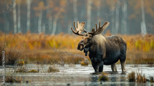 Moose Wading in Autumnal Marshlands of the Northern Forests