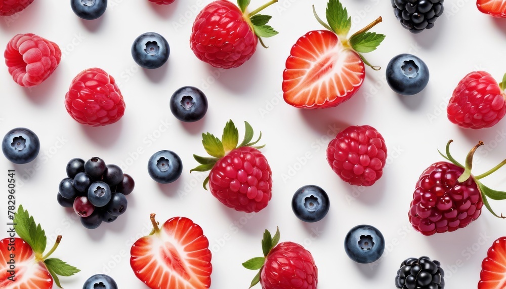 Top view of vibrant fresh berries arranged on a white background, including strawberries, blueberries, raspberries, and blackberries.. AI Generation Top view of vibrant fresh berries arranged on a white background, including strawberries, blueberries, raspberries, and blackberries.. AI Generation