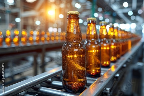 Beer production process with glowing amber liquid in transparent bottles on conveyor system