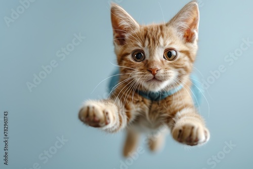 An action-packed shot showcasing a cat leaping energetically with a dynamic blue cape flowing behind