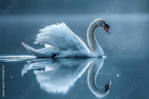A stunning image capturing the serene beauty of a white swan with its reflection on a tranquil water body  evoking a sense of peace