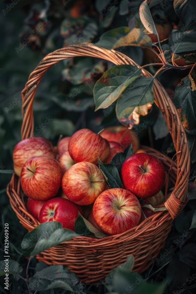 A basket full of apples sitting on top of a tree. Suitable for various food and nature concepts