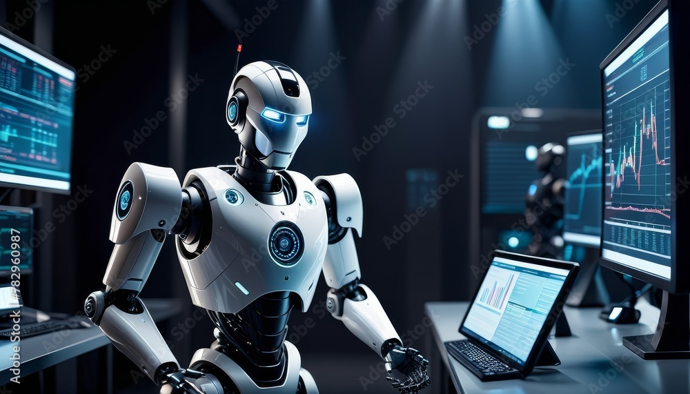 A humanoid robot with a sleek white and blue design is posed in front of a computer setup with multiple screens displaying dynamic charts, embodying advanced technology in data analysis.. AI A humanoid robot with a sleek white and blue design is posed in front of a computer setup with multiple screens displaying dynamic charts, embodying advanced technology in data analysis.. AI