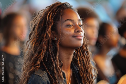 Radiant teenage girl with dreadlocks smiling at a cultural or community event, looking content © Larisa AI