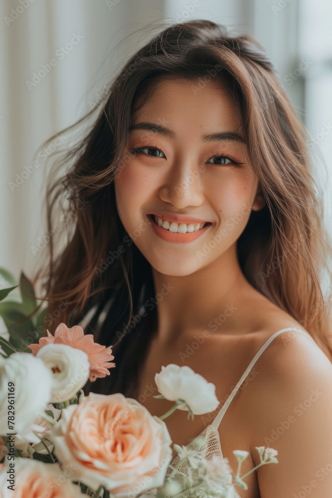A beautiful woman holding flowers and smiling happily A beautiful woman holding flowers and smiling happily