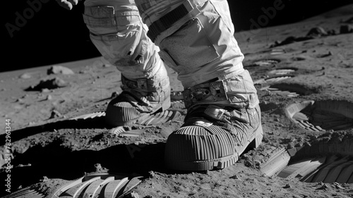 The astronaut's feet touch the surface of the moon, taking steps in a space suit and boots.