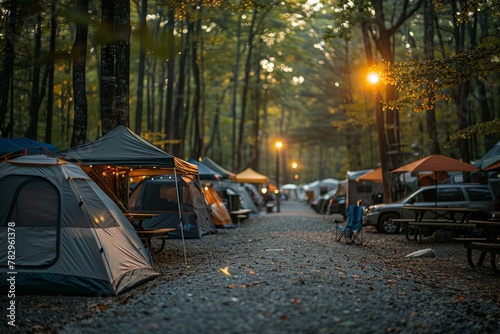 The warm sunset glow bathes a forest campground  highlighting cozy tents and tranquil evening vibes
