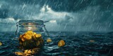 A jar filled with gold coins placed on a body of water. Ideal for financial concepts