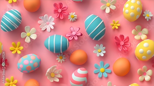 Clay Easter Eggs Spring Flowers Pink Background Seamless Pattern