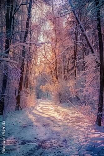 A snow-covered path in a snowy forest. Suitable for winter-themed designs