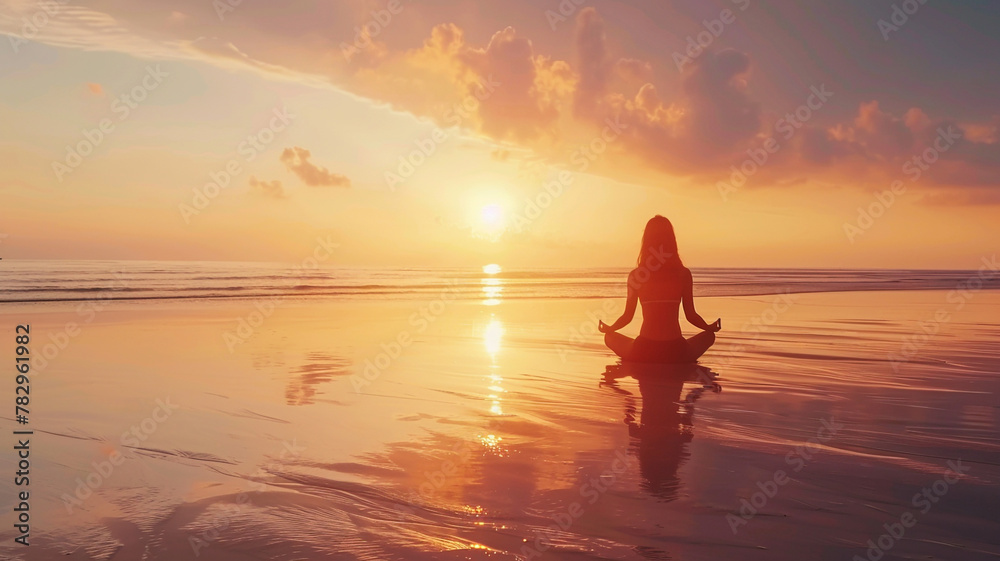 Woman meditating and practicing yoga on the beach at sunset