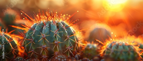 Sunset behind cactus, close up, vibrant silhouette, detailed spines, warm light