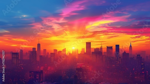 City Skyline Network  A 3D vector illustration of a city skyline at sunset