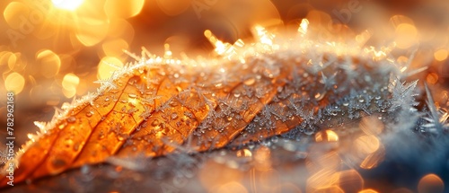 Sunrise on frosty leaf, close up, golden hues, detailed ice crystals