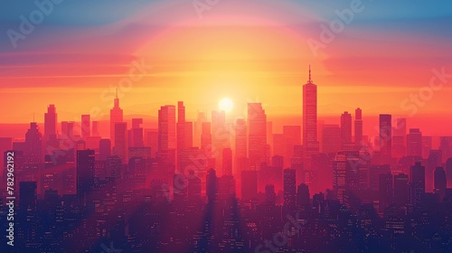 City Skyline Network: A 3D vector illustration of a city skyline during a vibrant sunrise