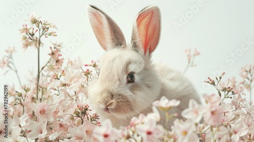 A white rabbit sitting among pink flowers. Perfect for spring themes
