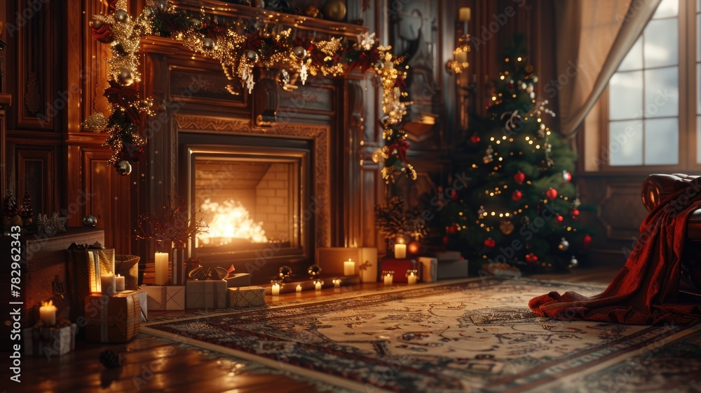 Warm and inviting living room with festive Christmas decor. Perfect for holiday-themed projects