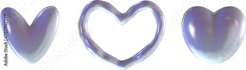 3D Chrome heart y2k set element. Silver Heart retro aesthetic. Trendy 3d metal vector. Chrome holographic elements. 