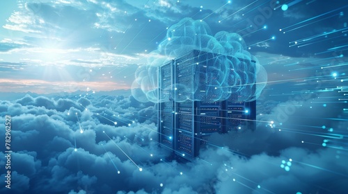 Cloud Networking: A 3D vector illustration of a cloud server floating in the sky
