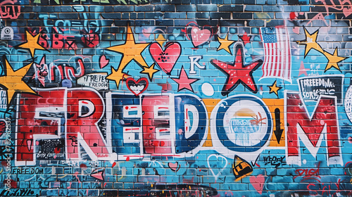 Freedom graffiti tagged spray paint  urban street art wall in red blue white heart stars symbols icons liberty independence justice equality revolution typography campaign urban cool background 