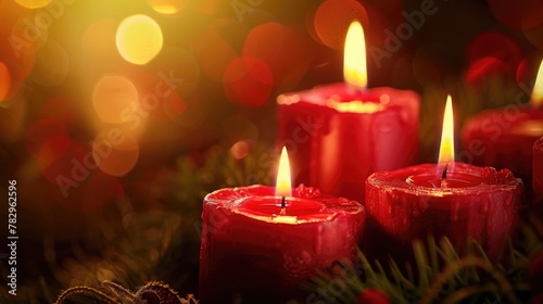 A group of red candles sitting on top of a Christmas tree. Perfect for holiday decorations