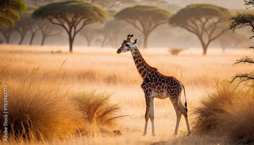 Obraz premium A lone giraffe stands elegantly against the expansive African savannah, with soft, filtered sunlight illuminating its patterned coat.. AI Generation