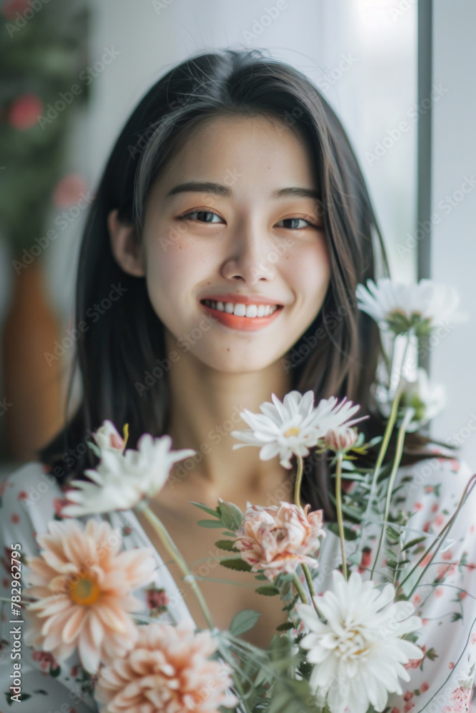 A beautiful woman holding flowers and smiling happily A beautiful woman holding flowers and smiling happily