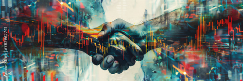 Abstract design art concept, financial business collage, stock market and finance, hands shaking each other photo