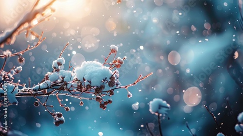 Snow covered tree branch in snowy winter landscape, perfect for winter themed projects
