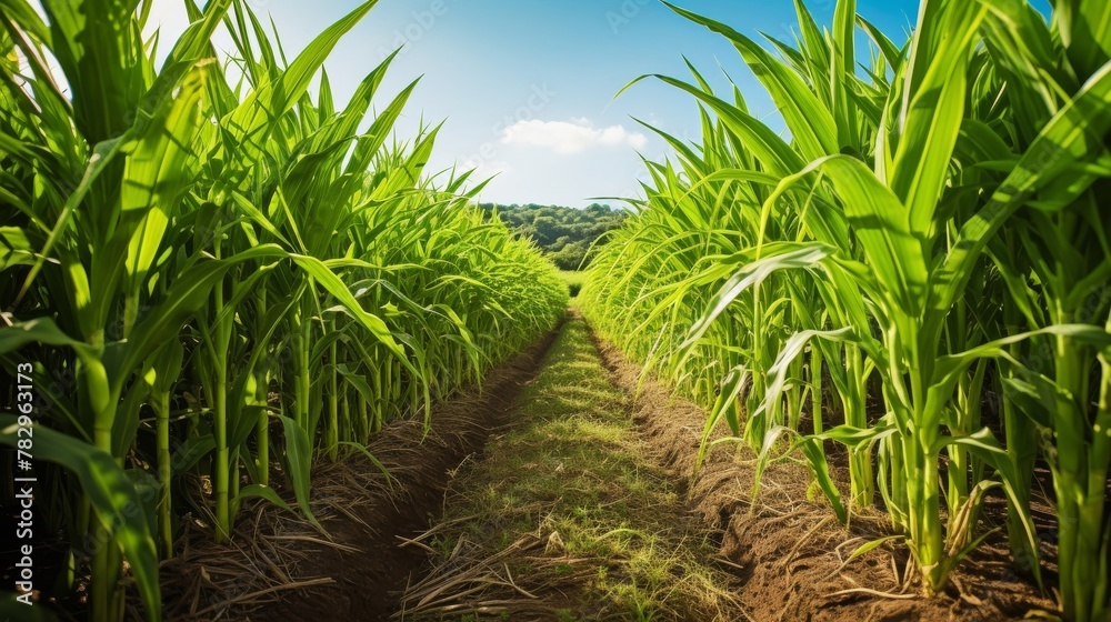 Green robust cornstalks arrayed in rows Green robust cornstalks arrayed in rows
