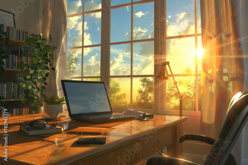 A warm and inviting home office setup with a laptop on a wooden desk, surrounded by books and lush plants, illuminated by golden sunlight. Ideal for remote work and study environments. Generated AI